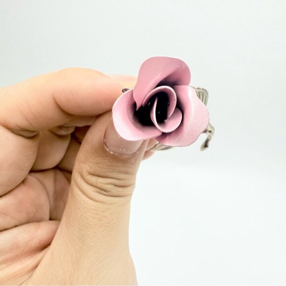 Vintage GIOVANNI Signed Silver Tone Pink Rose Stem Brooch - Picture 6 of 9